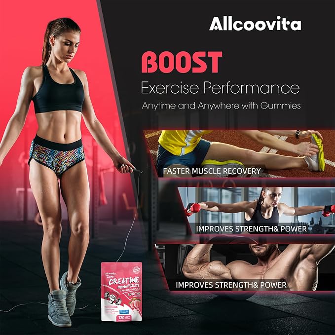 Allcoovita Creatine Monohydrate Gummies 5g for Men & Women. Boost Focus,Strength, and Endurance, Anti-Melting Formula, Vegan, Gluten-Free, Non-GMO,(Peach 120 ct)
