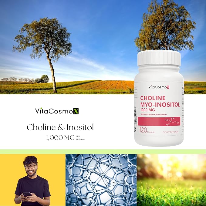 Choline and Myo-Inositol Supplement, 1000 mg Each, 120 Veggie Capsules 100% Vegetarian, Non-GMO & Gluten Free