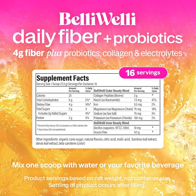 BelliWelli Fiber Supplement for Women & Men - Premium Daily Fiber Powder from Organic Acacia with Added Collagen, Electrolytes & Probiotics-No Bloat, Constipation & Gut Health Support (Yuzu Mandarin)