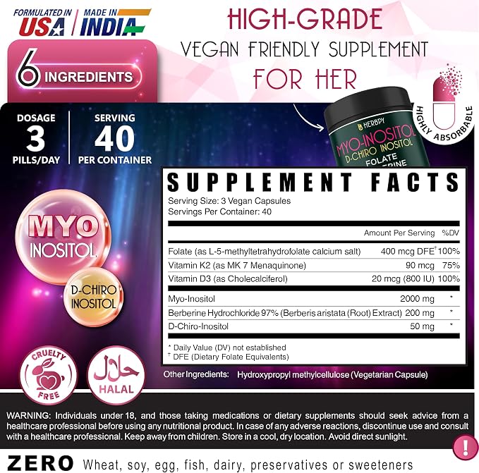 Herbpy 6in1 Premium 40:1 Myo-Inositol & D-Chiro Inositol Supplement for Women with Folate, Berberine HCl 97%, Vitamin D3 & K2 - Hormonal Balance & Ovarian Health Support- 120 Vegan Capsules