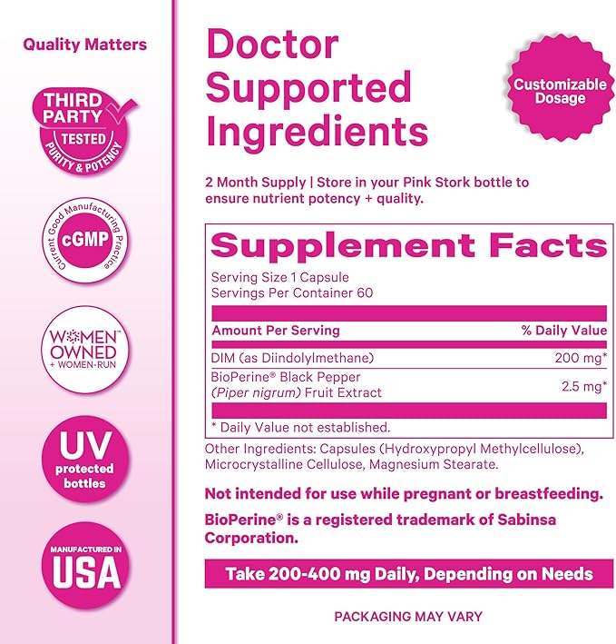Pink Stork DIM Supplement for Women - Estrogen and Hormone Balance for Menopause, Perimenopause & PMS - DIM 200 mg Plus BioPerine for Mood Support - 60 Day Supply