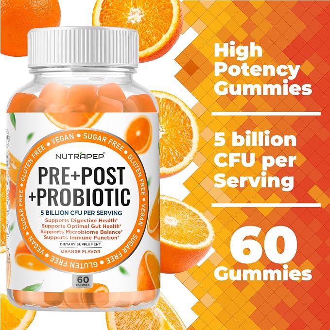 NutraPep Prebiotic Probiotic & Postbiotic Gummies for Women Men & Kids Children - High Potency 5 Billion CFU - Sugar-Free & Gluten Free