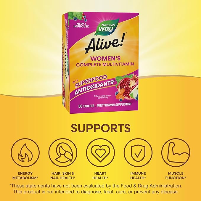 Nature's Way Alive! Women's Energy Multivitamin Tablets, Supports Cellular Energy*, Fruit and Veggie Powder Blend (100mg per Serving), 50 Tablets, (Pack of 2)