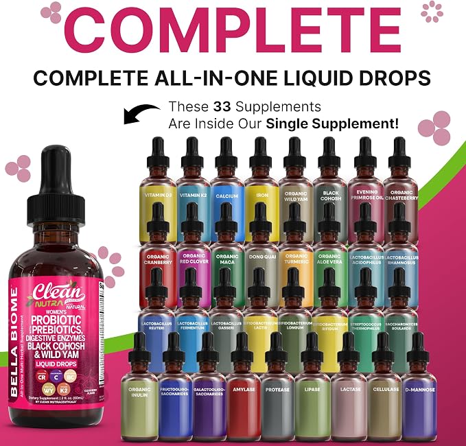Liquid Probiotics for Women Drops with Chasteberry, Black Cohosh, Prebiotics, Digestive Enzymes, Evening Primrose Oil, Wild Yam, Cranberry Dmannose and Iron Vitamin D3 K2 Clean Nutra Bella Biotics (2)