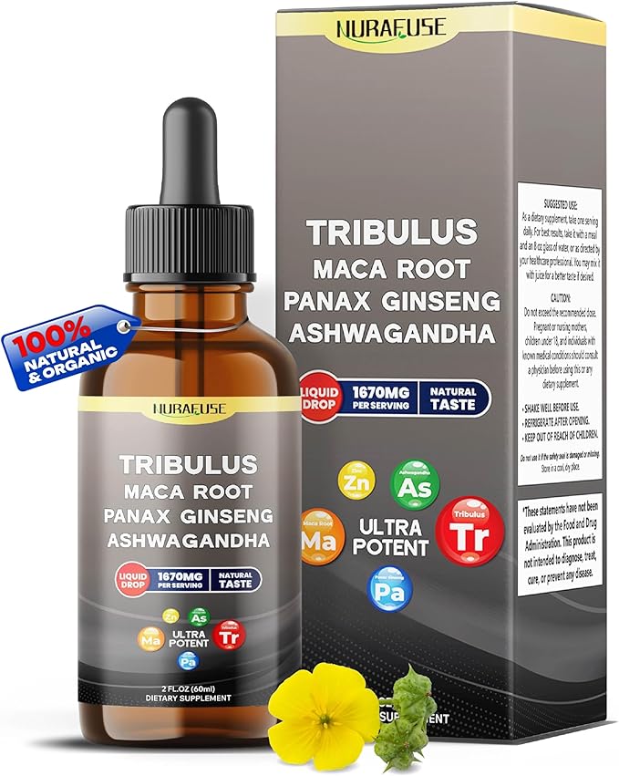 Organic Tribulus, Maca Root, Panax Ginseng, Ashwagandha Liquid Drops – 1670mg per Serving, Ultra Potent, Natural Taste – 2 FL OZ (60ml)