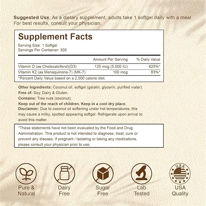 2-in-1 Vitamin D3 K2 Supplement Softgel, Vitamin D3 5000 IU and Vitamin K2 100 mcg, K2 MK7 with D3 Vitamin Supplement Support Immune, Heart, Joint, Teeth & Bone Health