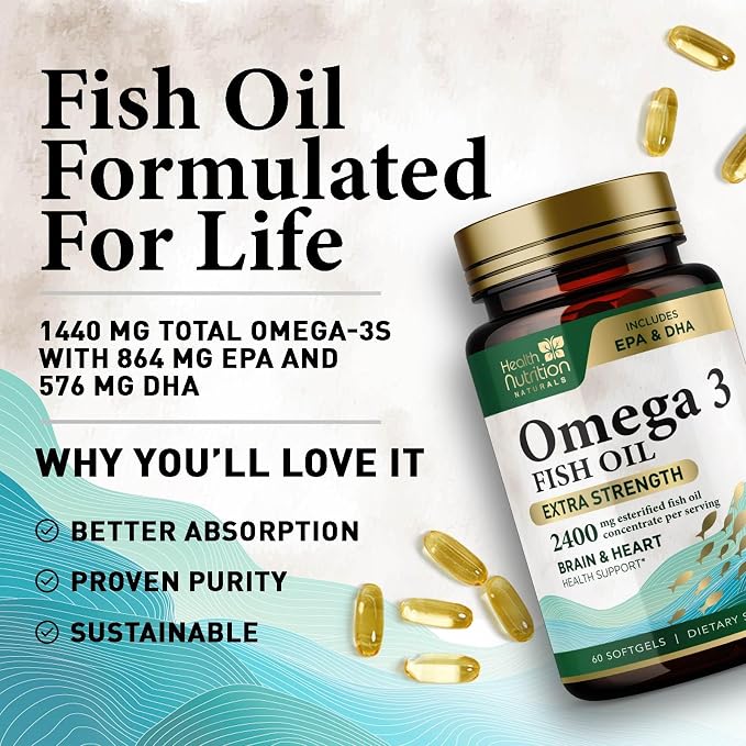 Omega 3 Fish Oil Supplements - 2400mg Fish Oil Per Serving - Triple Strength Omega-3 with EPA & DHA Fatty Acids - Natural Heart, Brain & Immune Support - Wild Caught, Bottled in USA - 60 Softgels