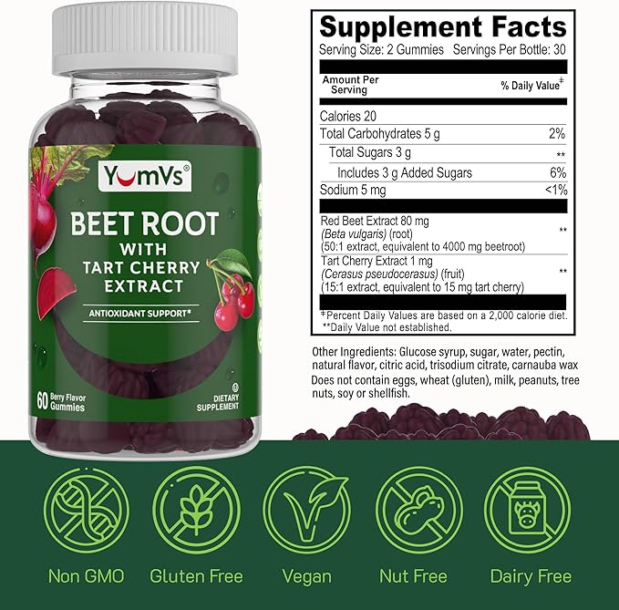 YUM-V'S Beet Root Gummies with Tart Cherry Extract - Berry Flavor Beetroot Gummies - Beet Chews for Blood Circulation and Antioxidant Support - Red Beets Gummies Berry 60 Count (Pack of 2)