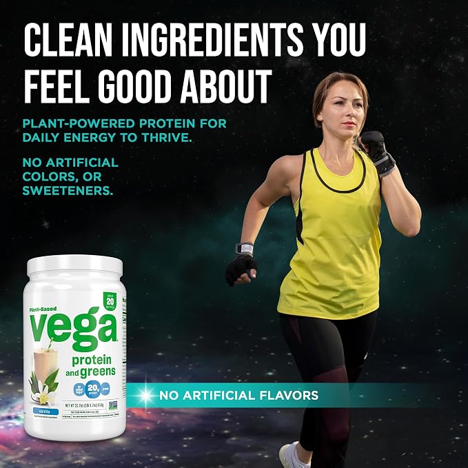 Vega Premium Protein + Supergreens, Vanilla – 20g Vegan Protein, Dairy & Gluten Free, 21.7 oz (20 Servings)