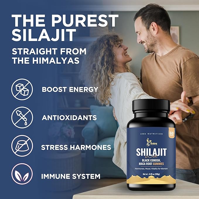 AMU NUTRITION Shilajit Gummies for Men & Women with Maca Root & Black Cohosh (60 Count (Pack of 1), Maca Root & Black Cohosh)