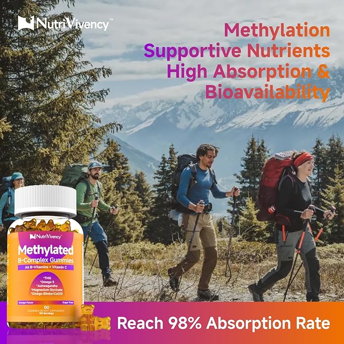 Methylated Vitamin B Complex Gummies, All B Complex Vitamins for Women Men, with Omega-3, Ashwagandha, Magnesium, Vitamin C, CoQ10, TMG for Energy Support, B1, B2, B3, B5, B6, B7, Sugar Free, 60 Count