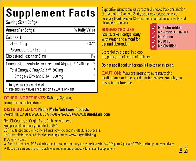 Nature Made Omega 3 Fish Oil and Algae Oil Supplements, 1200mg, Algae Oil & Fish Oil Blend, Omega 3 Supplement for Heart, Brain and Eyes Support, One Per Day, 60 Softgels