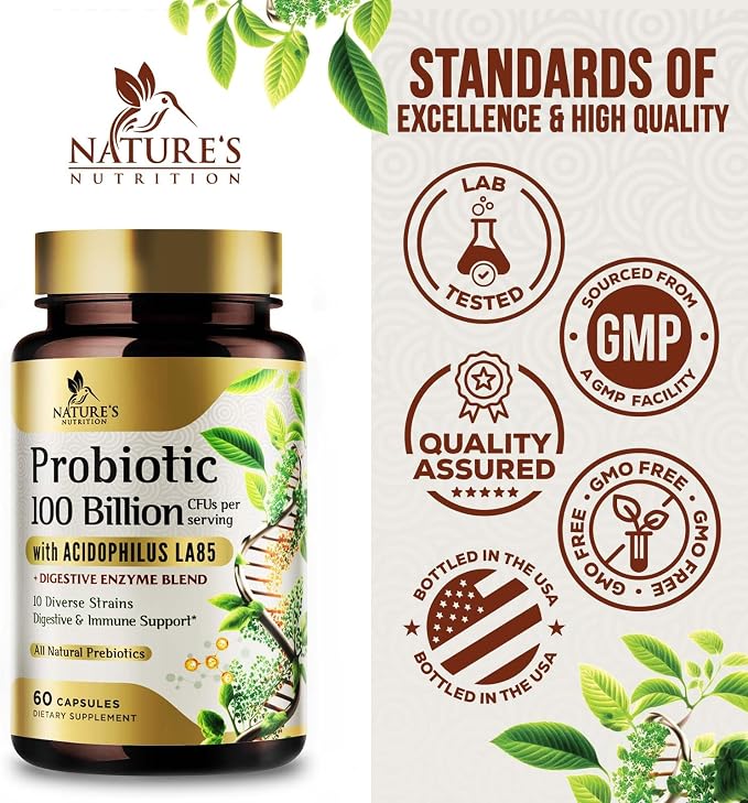 Probiotics 100 Billion CFU per Serving - 10 Strains & Prebiotics - Digestive Health, Gut & Immune Support - Supports Occasional Constipation, Gas & Bloating - Shelf Stable Bottled USA - 60 Capsules