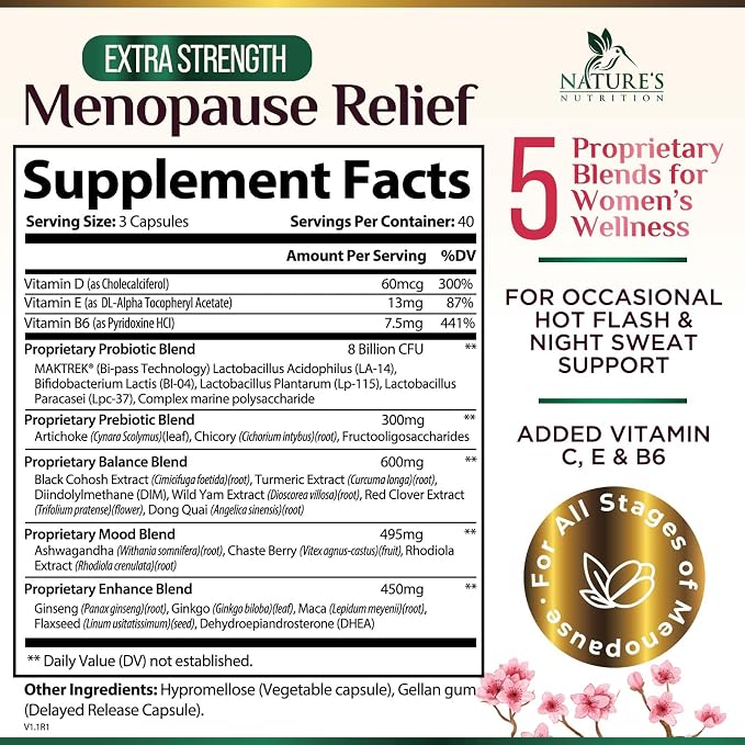 Menopause Supplement for Women - Natural Menopause Relief Support for Mild Hot Flashes & Night Sweats - Best Probiotics for Women, Dong Quai, Black Cohosh, Ashwagandha - Bottled in USA - 120 Capsules