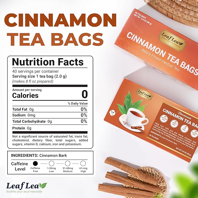 LeafLea Cinnamon Tea Bags, 80 Count (2-Pack), 100% Natural Ground Cinnamon Stick Herbal Tea, Spiced and Warming Flavor for Relaxation, Caffeine-Free, Sugar-Free, Vegan