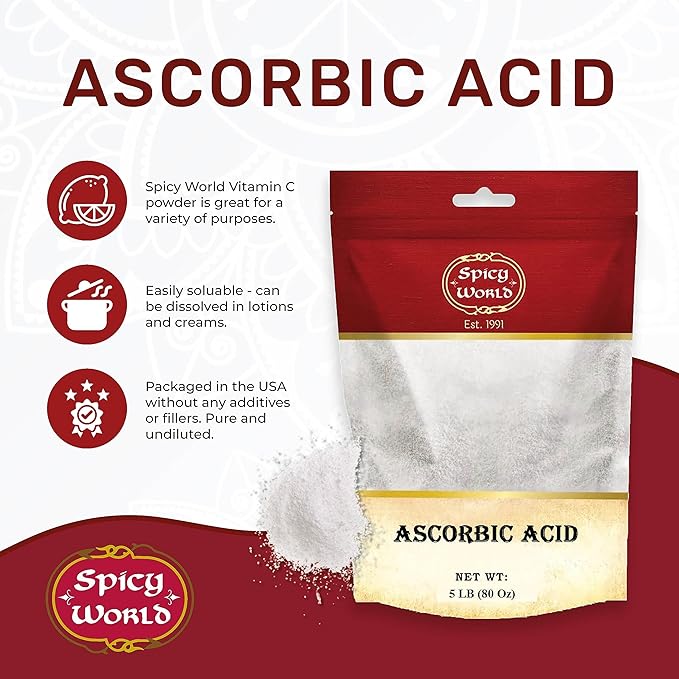 Spicy World Ascorbic Acid Vitamin C Powder 5 LB - Pure VIT C Powder, USP Bulk