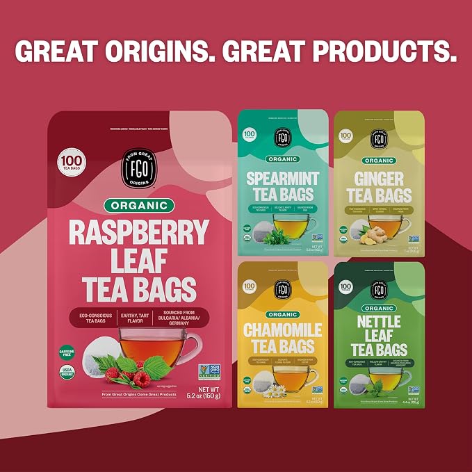 FGO Organic Red Raspberry Leaf Tea Bags, 100 Eco-Conscious Tea Bags, Caffeine Free, Imported from Germany, Reseable Bag, Packaging May Vary (Pack of 1)
