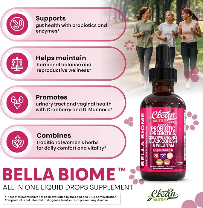 Liquid Probiotics for Women Drops with Chasteberry, Black Cohosh, Prebiotics, Digestive Enzymes, Evening Primrose Oil, Wild Yam, Cranberry Dmannose and Iron Vitamin D3 K2 Clean Nutra Bella Biotics (2)