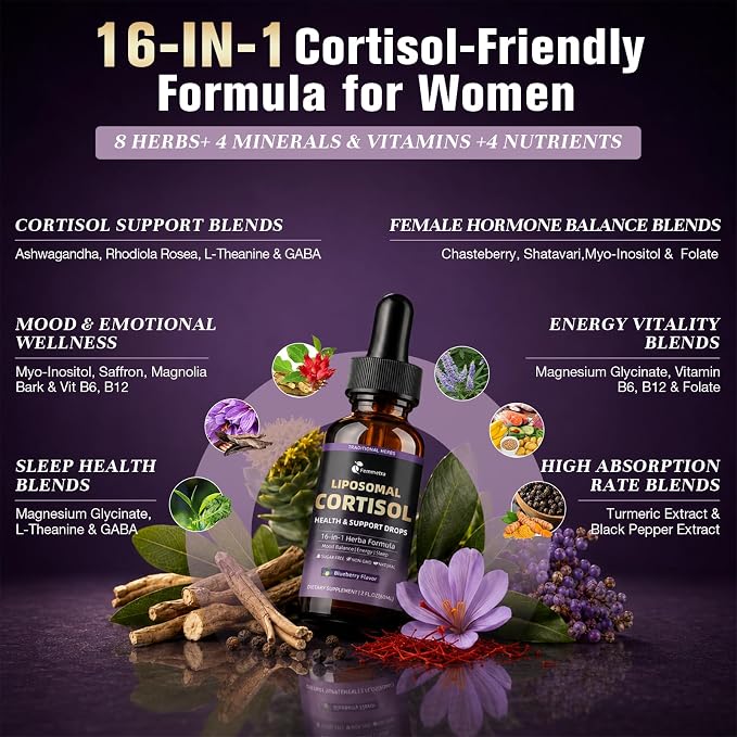 16-IN-1 Liposomal Cortisol Supplements Drops for Women, Melatonin-Free | Cortisol Reducer with Ashwagandha,L-Theanine,Myo-Inositol & Magnesium for Relaxation,Stress & Sleep,Blueberry Flavor, 2 Fl Oz
