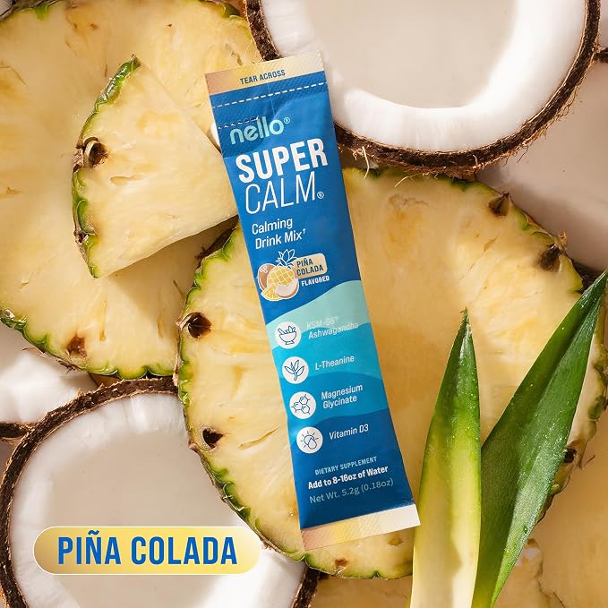 Nello Supercalm Powdered Drink Mix, Cortisol Reducer* and Sleep Aid Supplement, L Theanine, Ksm-66 Ashwagandha, Magnesium Glycinate, Vitamin D 3, No Sugar, Non GMO, On The Go, 20 Ct, Pina Colada