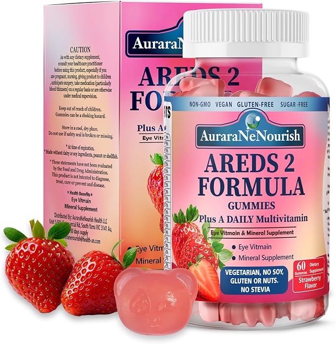 Areds 2 + Advanced Formula for Macular Health, 22-in-1 Eye Vitamin & Mineral Supplement w. Zeaxanthin, Zinc & Vitamin C Supports Eye Strain, Pressure, Night Vision, 60 Chewable Gummies