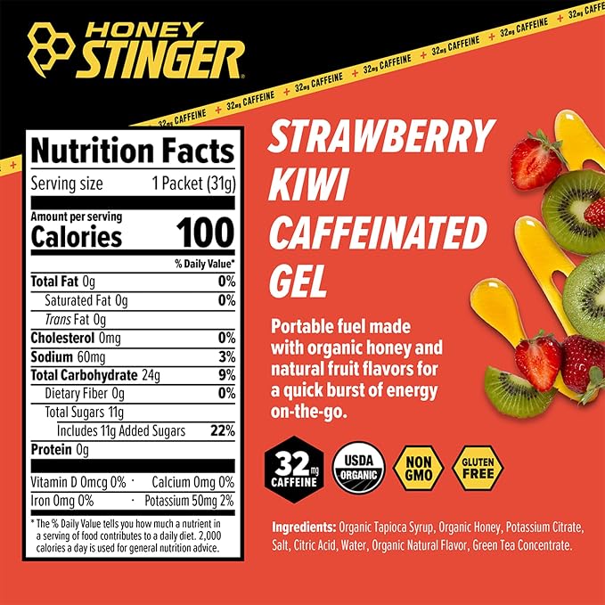 Honey Stinger Organic Strawberry Kiwi Energy Gel, Caffeinated & Gluten Free, for Exercise, Running and Performance, Sports Nutrition for Home & Gym, Pre and Mid Workout, 12 Pack, 13.2 Ounce