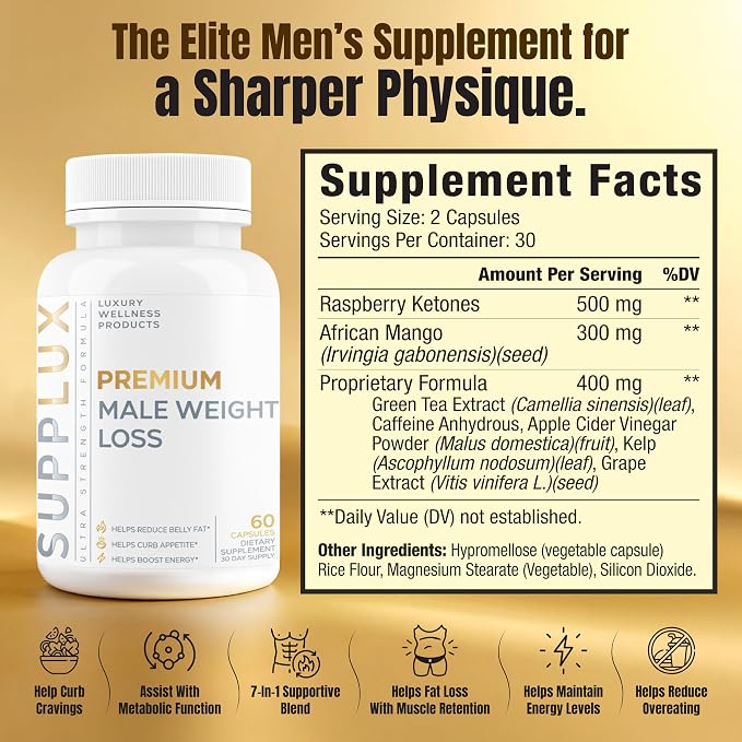Premium Male Weight Loss - Fat Burner for Men - Supports Healthy Pathways Associated with GLP-1 Activity - Appetite Suppressant, Energy Booster, Helps Sustain Muscle - 60 Unisex Capsules