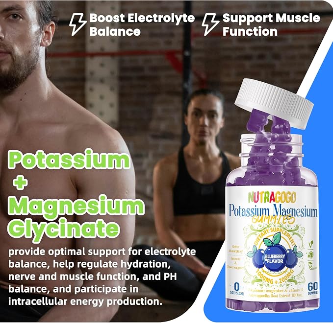 Potassium Magnesium Gummies,Potassium Supplement w/Ashwagandha,High Absorption Magnesium Glycinate,B6,D3,Potassium Citrate for Leg Cramps,Muscle,Electroyte for Adults Kids,Sugar-Free, 120 Gummies