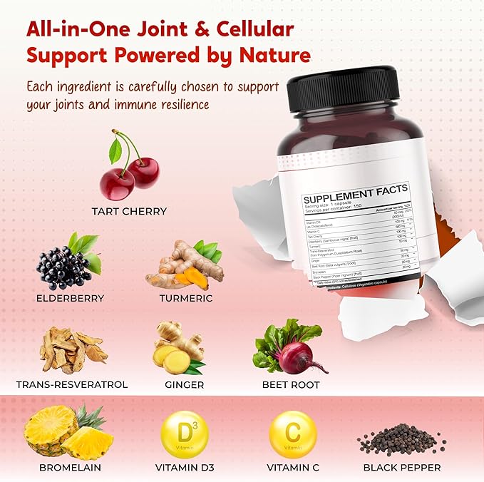 Tart Cherry Elderberry Turmeric Resveratrol - Rich in Antioxidants, Support Joint Health