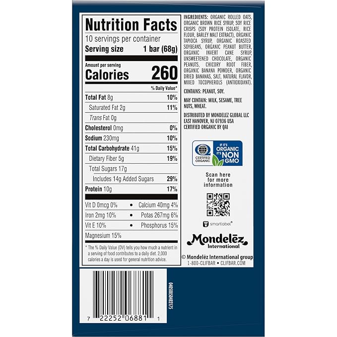 CLIF BAR - Energy Protein Bars - Peanut Butter Banana with Dark Chocolate - Made with Organic Oats - Energy Bars - Non-GMO - (10 Pack)