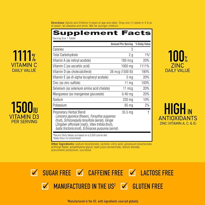 Airborne 1000mg Vitamin C with Vitamin D & Zinc, Sugar Free Multivitamin Immune Support Supplement, Antioxidants Vitamins A C & E, Very Berry Flavor, 30 Tablets (Pack of 2)