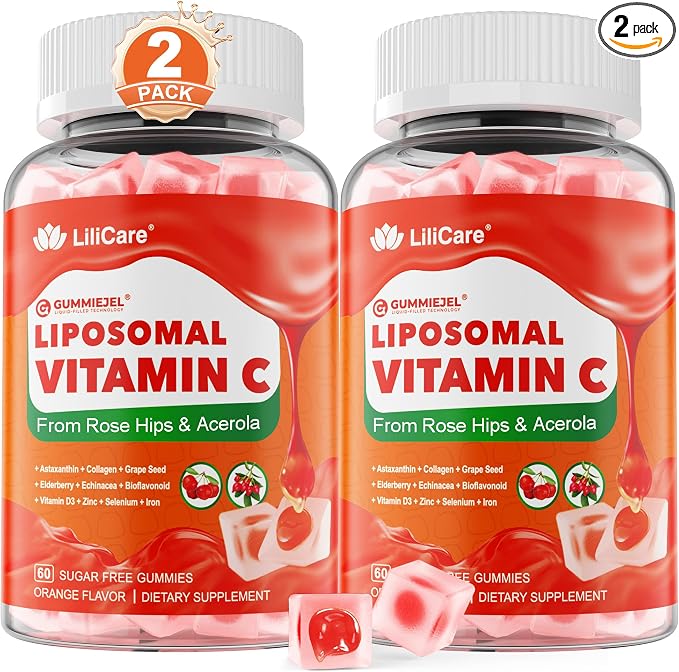 Natural Liposomal Vitamin C Gummies for Adults Kids 9+, Chewable Vitamin C w/ 11mg Zinc, D3, Elderberry, Echinacea, Bioflavonoid,Immune Support, Whole Food VIT C from Fruits, Sugar Free, 2Pack