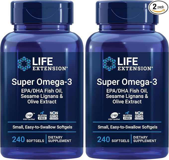 Life Extension Super Omega-3 EPA/DHA Fish Oil, Sesame Lignans & Olive Extract – Heart, Brain, Inflammation Health Support, Gluten-Free, Easy to Swallow, Non-GMO, 240 Softgels (Pack of 2)