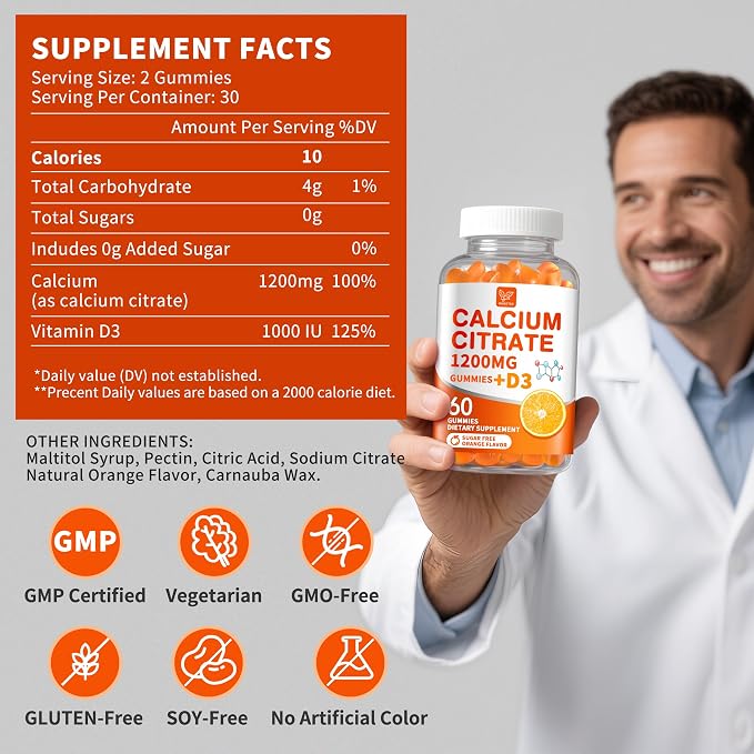(2 Pack) Calcium Citrate 1200 mg with Vitamin D3 Gummies for Women & Men,Calcium Supplements for Bone & Teeth Support,High Absorption - Easy to Digest, Sugar Free,Vegan,Orange Flavor,60 Day Supply