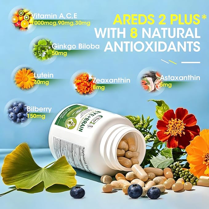 Eye + Brain Supplements for Memory and Focus, Lutein 40mg, Zeaxanthin, Astaxanthin, Bilberry, Lion’s Mane, Bacopa Monnieri, Ginkgo Biloba, 14 in 1 Eye Vitamins for Adults & Seniors 120 Capsules