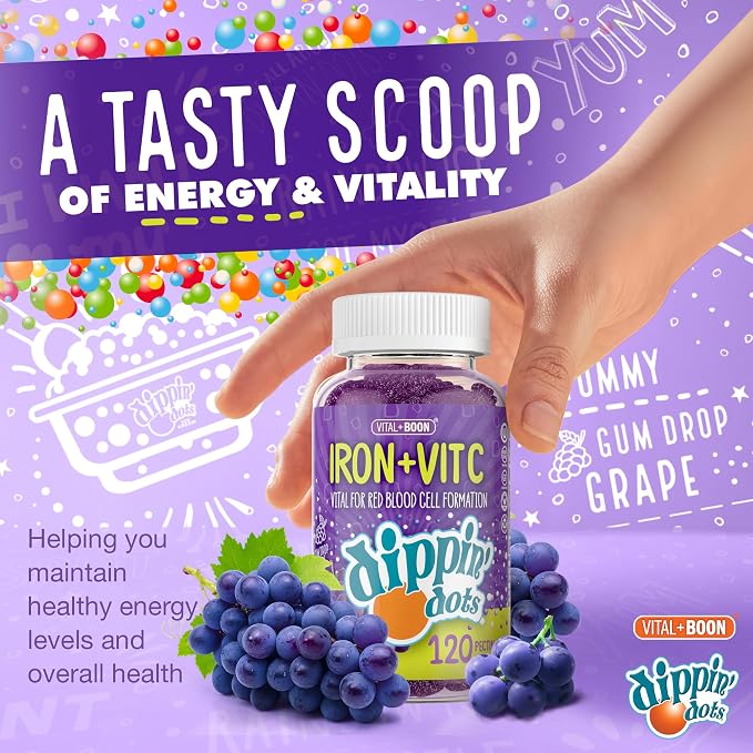 Vital+Boon - Iron with Vitamin C & B12 Gummies (120 Count) Vital for Red Blood Cell Formation | Gum Drop Grape Real Pectin Fruit Chew Supplements | Vegan, Non-GMO, Gluten Free & Gelatin Free