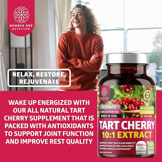 N1N Premium Tart Cherry Extract Capsules, 200 Veg Caps, 3000 mg, Powerful Antioxidant, Joint Health and Mobility, Non-GMO, Gluten Free, 200 Veggie Caps