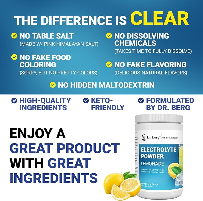 Dr. Berg Zero Sugar Hydration Keto Electrolyte Powder - Enhanced w/ 1000 mg of Potassium & Real Pink Himalayan Salt (NOT Table Salt) - Lemonade Flavor Hydration Drink Mix Supplement - 100 Servings