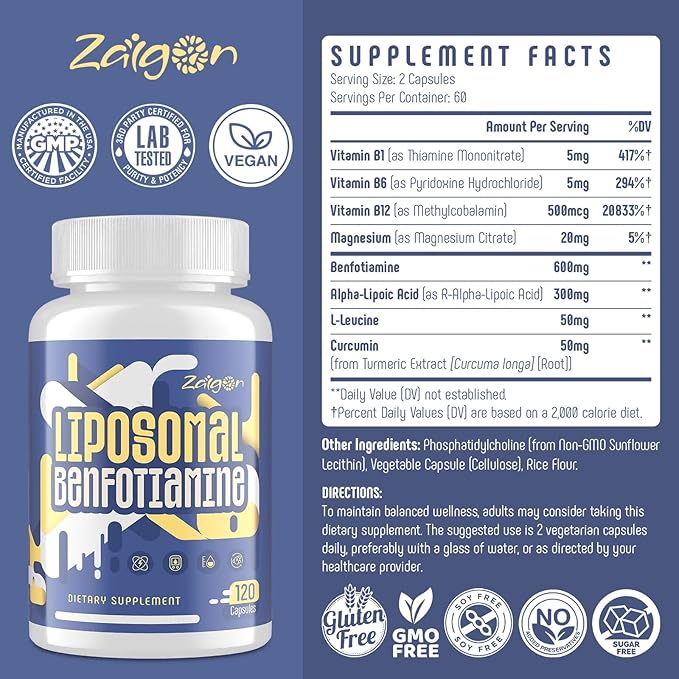 Zaigon Benfotiamine Thiamine Vitamin B1 Supplement, 600mg Liposomal Fat Soluble VIT B1 with Alpha-Lipoic Acid for Men & Women, Energy Boost, Glucose Metabolism & Nerve Support (360 Vegan Capsules)