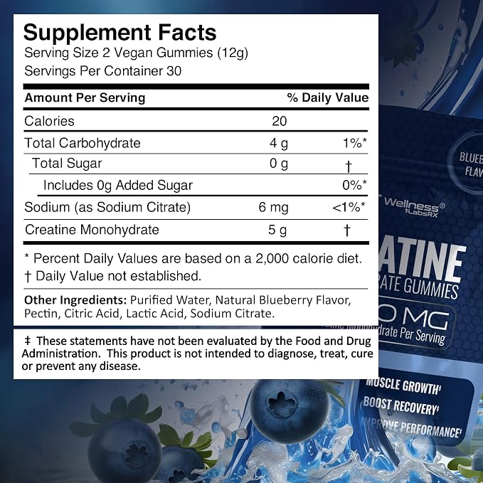 Creatine Gummies 5000mg, 30 Servings Creatine Monohydrate Gummies - Third-Party Tested Creatine for Women, Blueberry Flavor Creatine for Men, Muscle Growth, Strength, and Recovery - Pack of 1