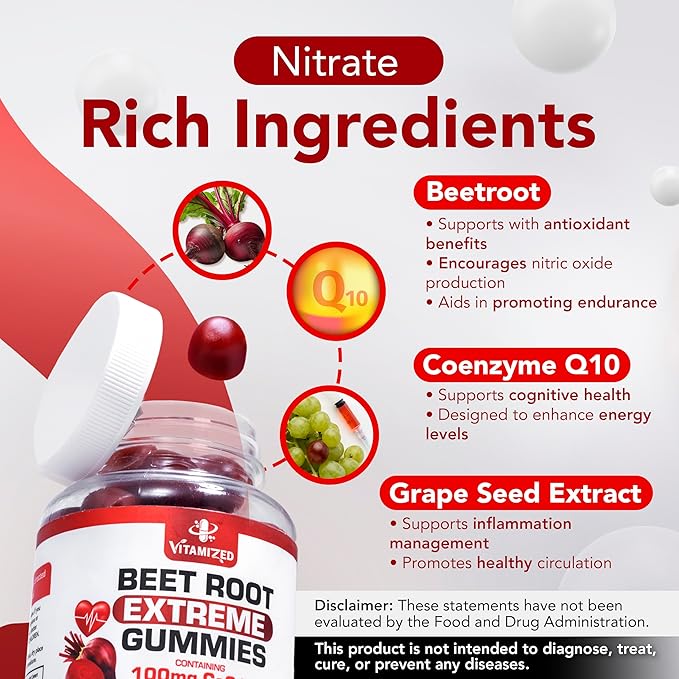 Extreme Beetroot Formula & COQ10 100mg with Grape Seed Extract, for Circulation Energy & Flow, Beet Root Gummies Extract Gluten Free 60
