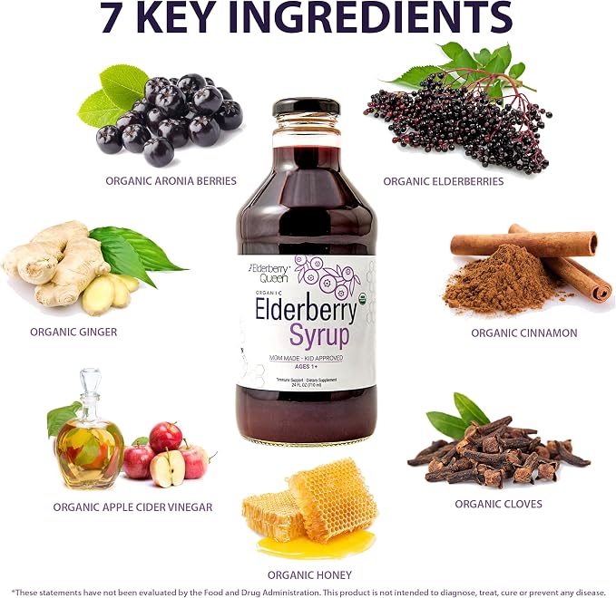 Elderberry Queen Organic Elderberry Syrup 24 Fl Oz - Immune Support Formula with Sambucus Black Elderberry & Aronia Berry - Pure Natural Certified Organic Elderberry Syrup for Kids and Adults