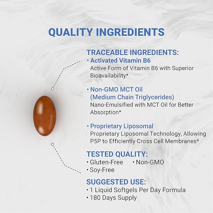 Naturalis Liposomal P-5-P 50mg Activated Vitamin B6 Nano-Emulsified in MCT Oil for Better Absorption | Non-GMO and Soy Free | Support Energy Metabolism and Neurological Function | 180 Softgels