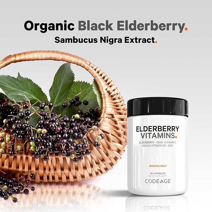 Codeage Elderberry Vitamins - Organic Fermented Elderberry Blend, Vitamin C from Ascorbic Acid & Organic Acerola Cherries, Vitamin D3, Zinc, Sambucus Berries - 90 Capsules