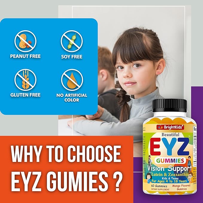 BrightKids Eye Health Gummies for Kids & Teens – Lutein & Zeaxanthin Vision Support – Vegan, Non-GMO Eye Vitamins for Screen Time – Tasty Mango Flavor – 60 Gummies