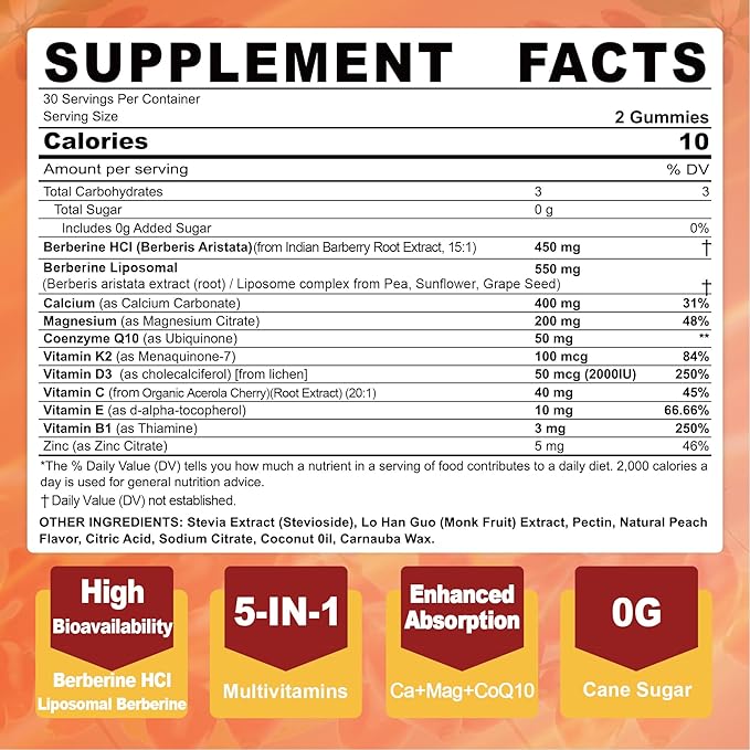 Berberine Gummies Sugar Free, Extra Absorption with Liposomal Berberine & Berberine HCI, Calcium, Magnesium, AMPK Activitor for Sugar & Level, Energy, Metabolism,Vegan, Pack of 1
