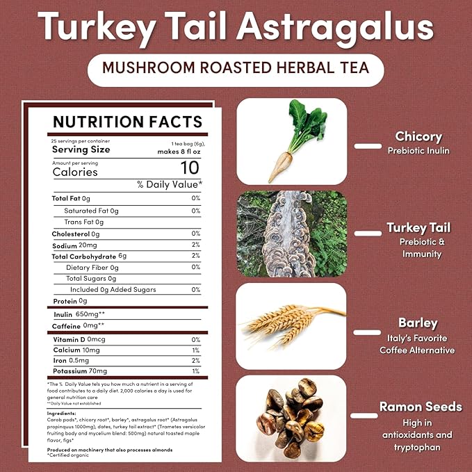 Teeccino Mushroom Herbal Tea - Turkey Tail Astragalus Toasted Maple - Caffeine Free, Prebiotic, 3x More Herbs - 25 Tea Bags