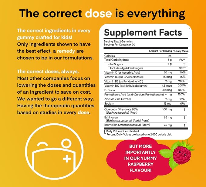 A Dose of Immunity Kids Quercetin with Vitamin C, Zinc, Vitamin D, 100mg Quercetin Bromelain, Echinacea, 60 Gummy Count (Pack of 1)
