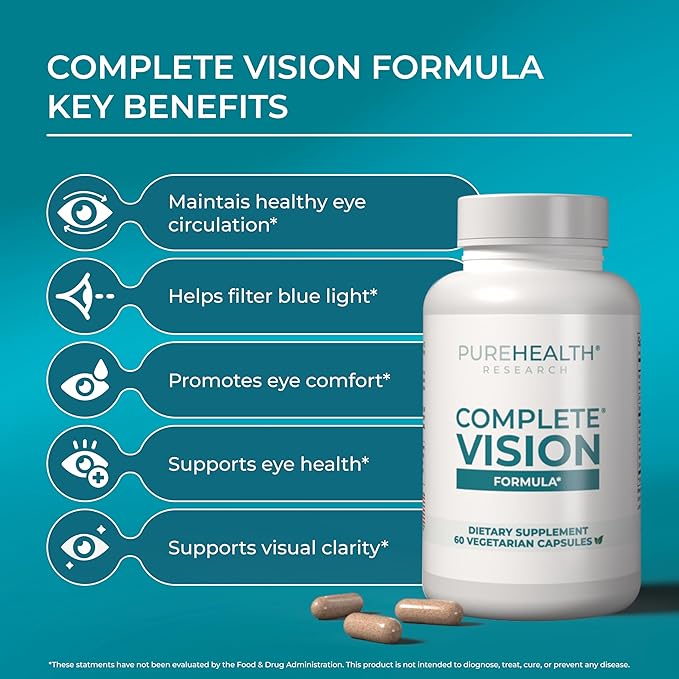 PUREHEALTH RESEARCH Complete Vision Formula - Eye Vitamins & Mineral Supplement - Lutein and Zeaxanthin Supplements for Men & Women - with Eyebright Herb, Zinc, Copper, Bilberry & More - 60 Capsules