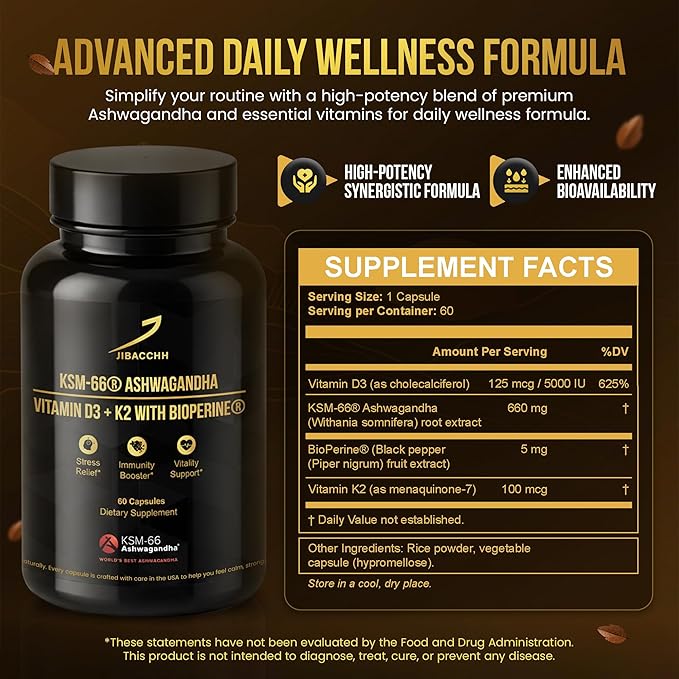 KSM-66® Ashwagandha Supplement 600 mg with Vitamin D3 5000 IU & K2 MK-7, BioPerine for Absorption, 4-in-1 - Stress Support, Mood & Immune Health - 60 Veg Capsules